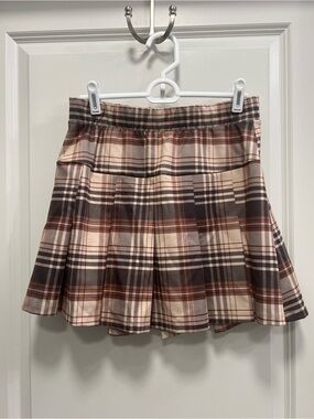 Pleated Brown & Cream Plaid Mini Skirt Medium